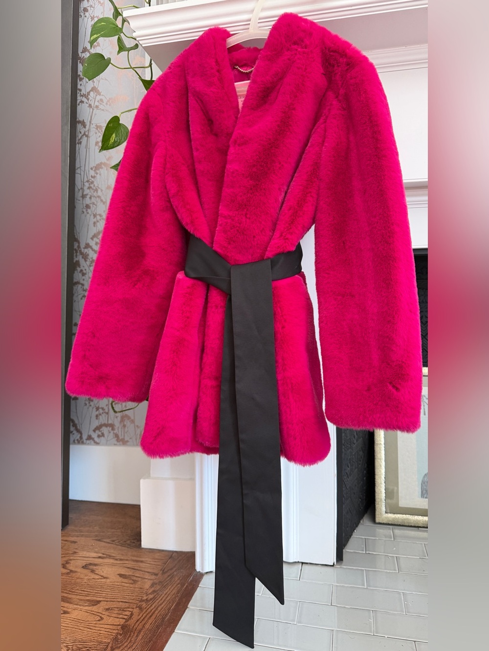 kate spade Hot Pink Faux-Fur Coat with Black Belt